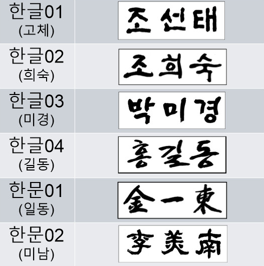명패 서체 예시 — 6가지 글씨체 안내